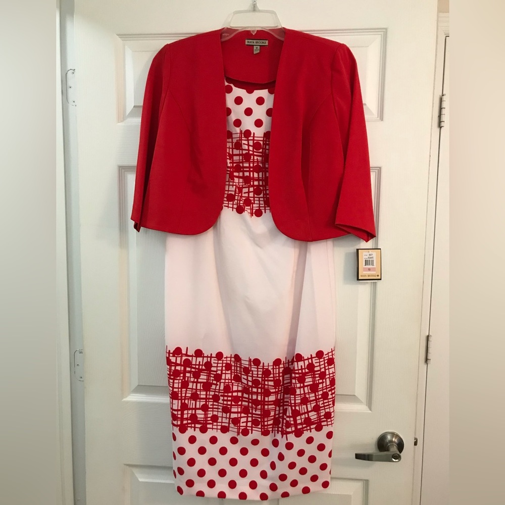 Maya Brooke Red/White Poka Dot Sheath Dress with matching Jacket, Size 10